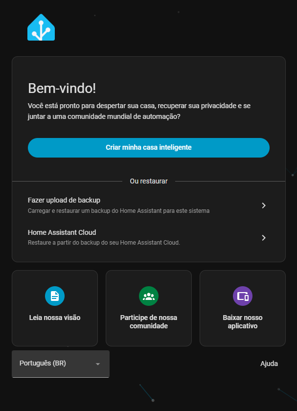 Tela de boas-vindas do Home Assistant