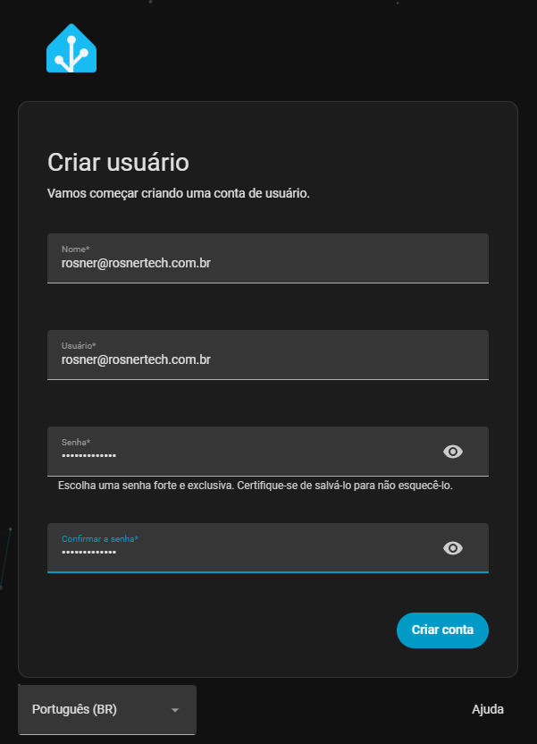 Tela de criação de usuário do Home Assistant