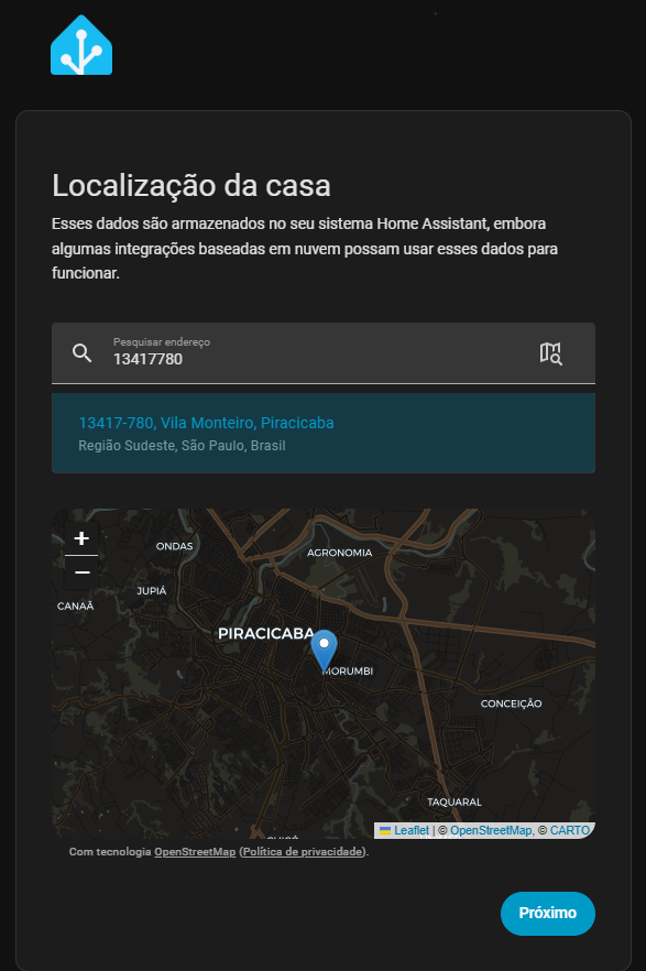 Tela de localização da casa no Home Assistant