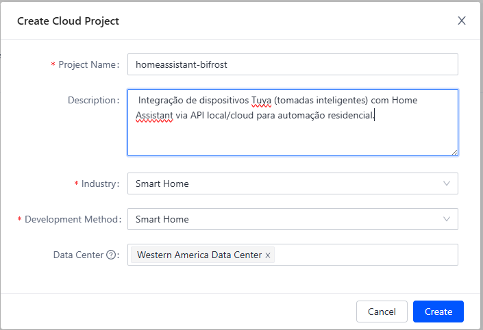 Tela de criação do Cloud Project na Tuya IoT Platform