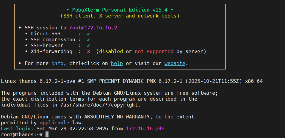 Terminal com acesso SSH ao Proxmox