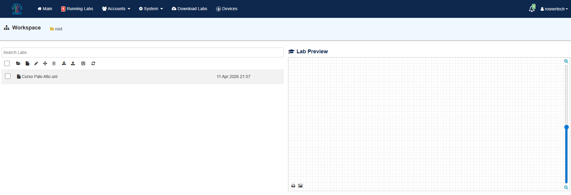 Dashboard principal do PNetLab com laboratórios