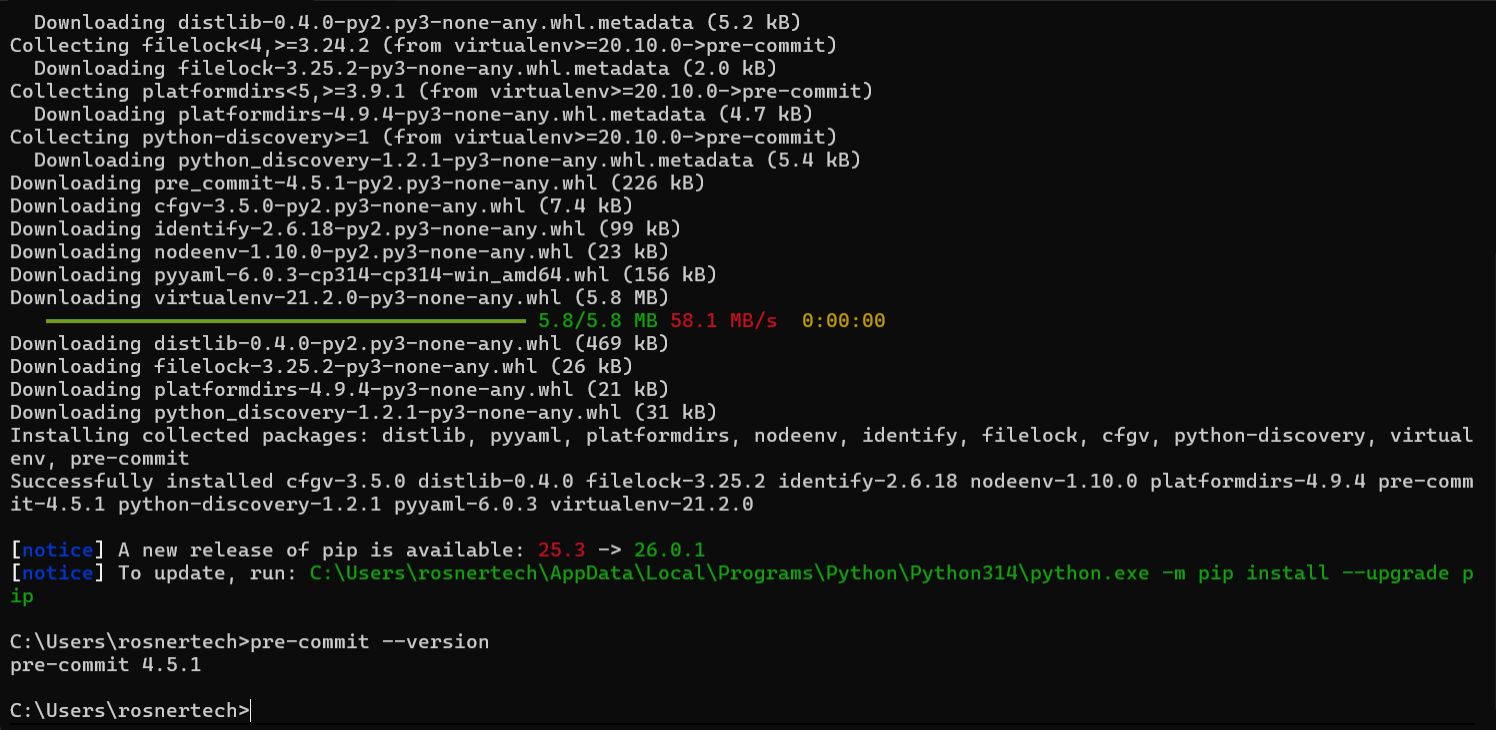 Saída do comando pre-commit --version no terminal