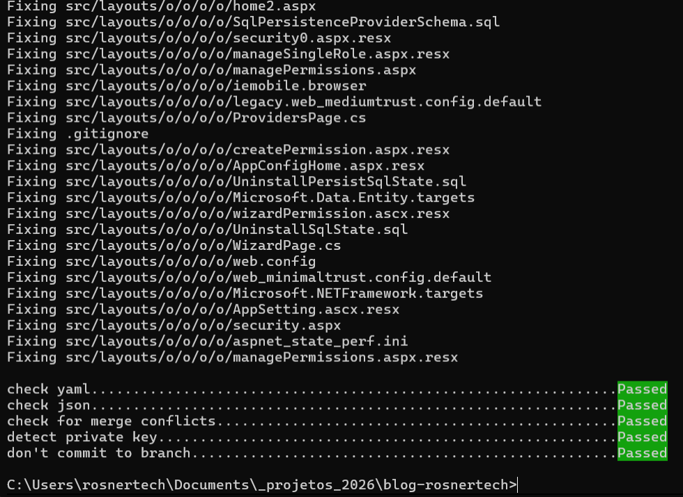 Saída do comando pre-commit run --all-files