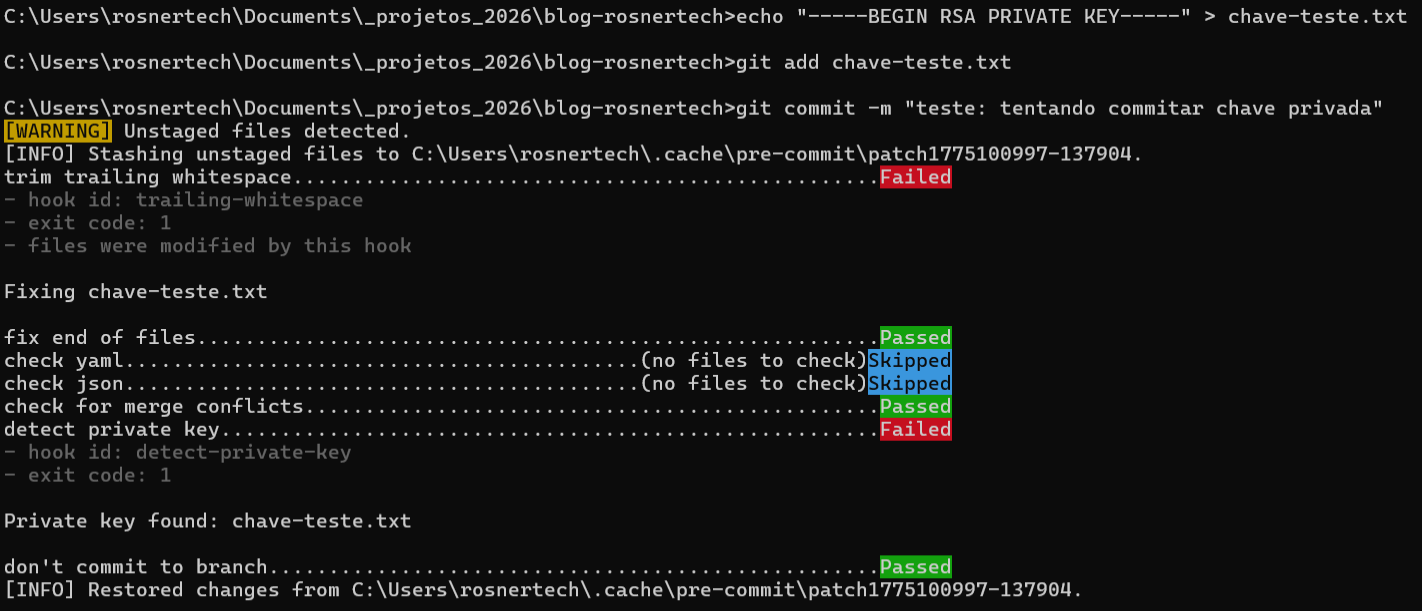 Hook detect-private-key bloqueando commit com chave privada